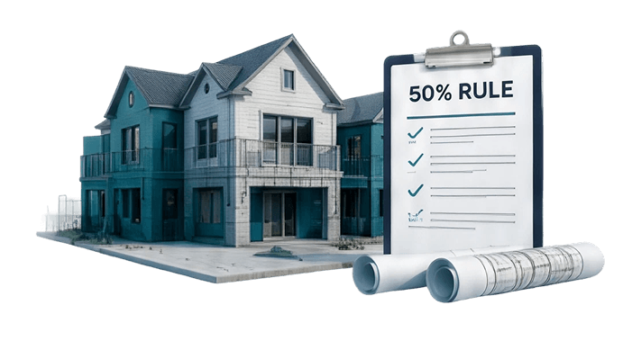 50% Rule house illustration with inspection documents